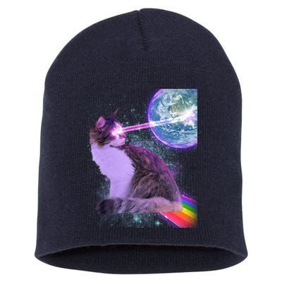 Space Cat Shooting Lazer Into Moon Short Acrylic Beanie