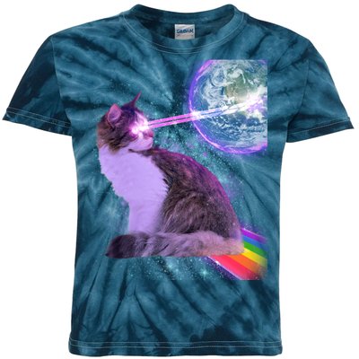 Space Cat Shooting Lazer Into Moon Kids Tie-Dye T-Shirt