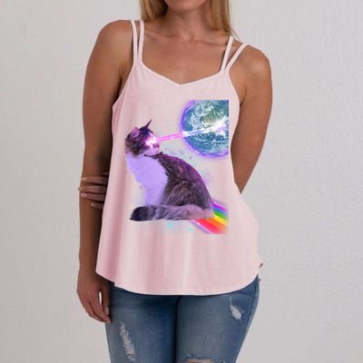 Space Cat Shooting Lazer Into Moon Women's Strappy Tank