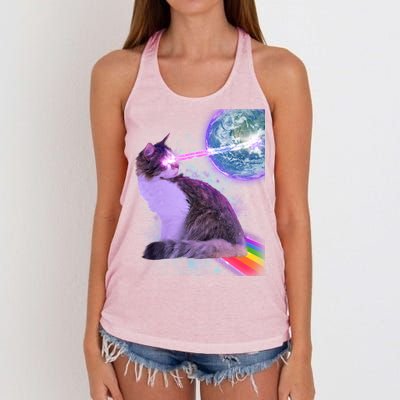 Space Cat Shooting Lazer Into Moon Women's Knotted Racerback Tank