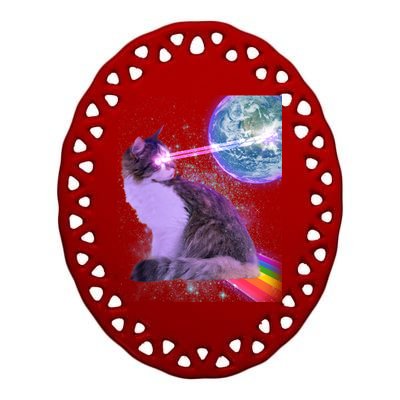 Space Cat Shooting Lazer Into Moon Ceramic Oval Ornament