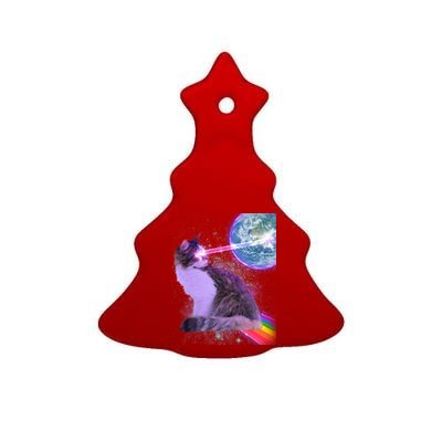 Space Cat Shooting Lazer Into Moon Ceramic Tree Ornament