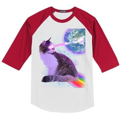 Space Cat Shooting Lazer Into Moon Kids Colorblock Raglan Jersey