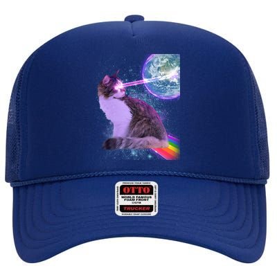 Space Cat Shooting Lazer Into Moon High Crown Mesh Back Trucker Hat