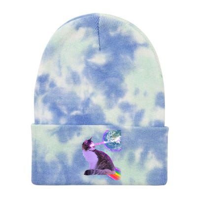 Space Cat Shooting Lazer Into Moon Tie Dye 12in Knit Beanie