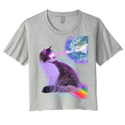 Space Cat Shooting Lazer Into Moon Women's Crop Top Tee