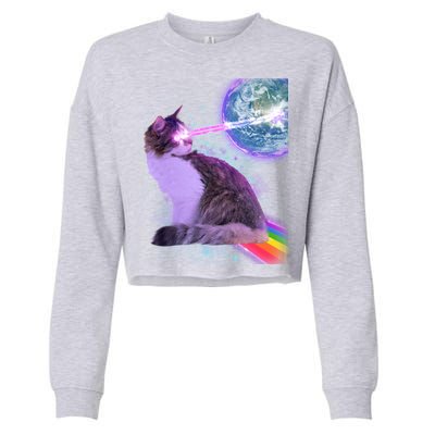 Space Cat Shooting Lazer Into Moon Cropped Pullover Crew