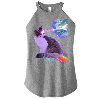 Space Cat Shooting Lazer Into Moon Women's Perfect Tri Rocker Tank