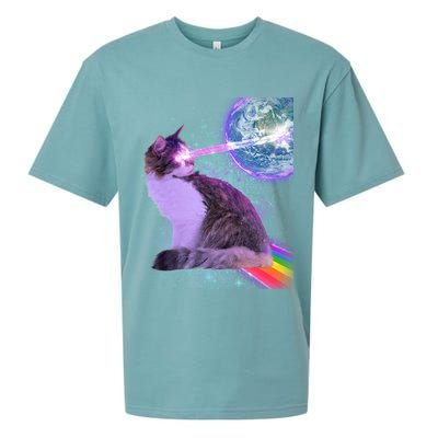 Space Cat Shooting Lazer Into Moon Sueded Cloud Jersey T-Shirt