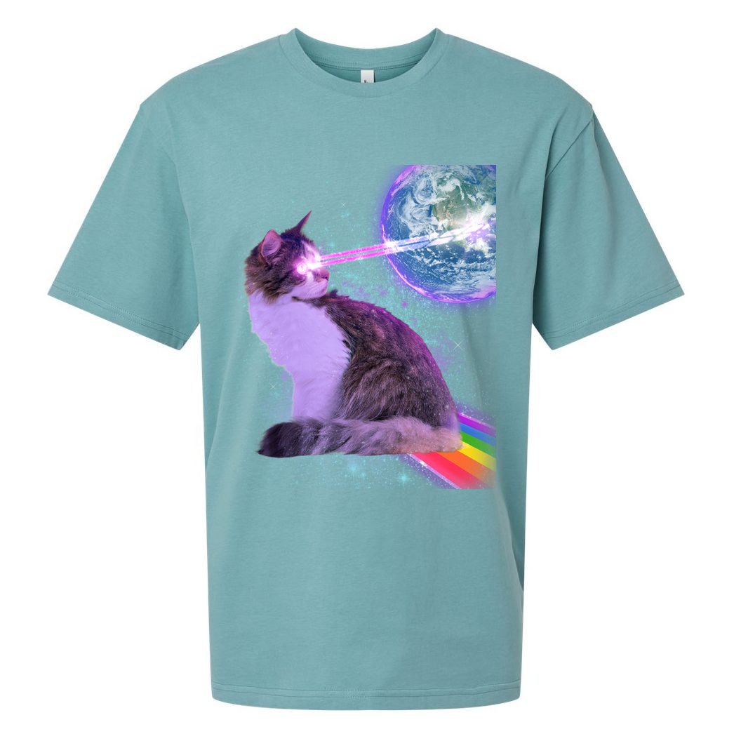 Space Cat Shooting Lazer Into Moon Sueded Cloud Jersey T-Shirt