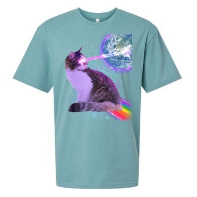 Space Cat Shooting Lazer Into Moon Sueded Cloud Jersey T-Shirt