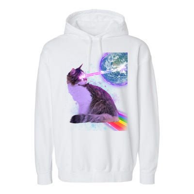 Space Cat Shooting Lazer Into Moon Garment-Dyed Fleece Hoodie