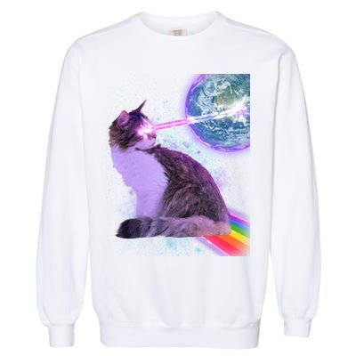Space Cat Shooting Lazer Into Moon Garment-Dyed Sweatshirt