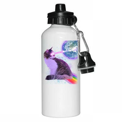 Space Cat Shooting Lazer Into Moon Aluminum Water Bottle