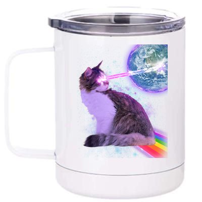 Space Cat Shooting Lazer Into Moon 12 oz Stainless Steel Tumbler Cup