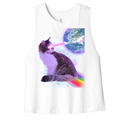 Space Cat Shooting Lazer Into Moon Women's Racerback Cropped Tank