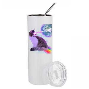 Space Cat Shooting Lazer Into Moon Stainless Steel Tumbler