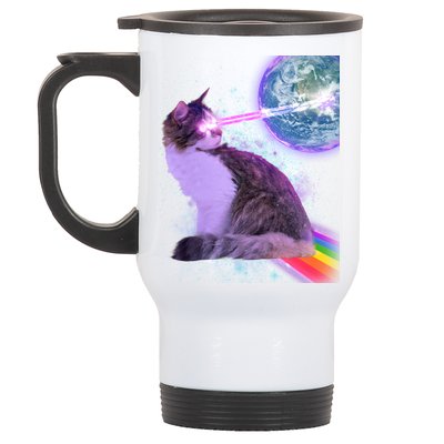 Space Cat Shooting Lazer Into Moon Stainless Steel Travel Mug