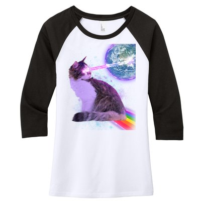 Space Cat Shooting Lazer Into Moon Women's Tri-Blend 3/4-Sleeve Raglan Shirt