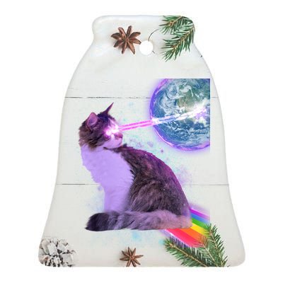 Space Cat Shooting Lazer Into Moon Ceramic Bell Ornament