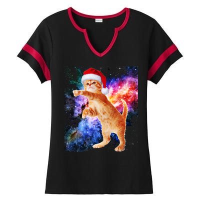 Space Christmas Cat Santa Kitty Ladies Halftime Notch Neck Tee