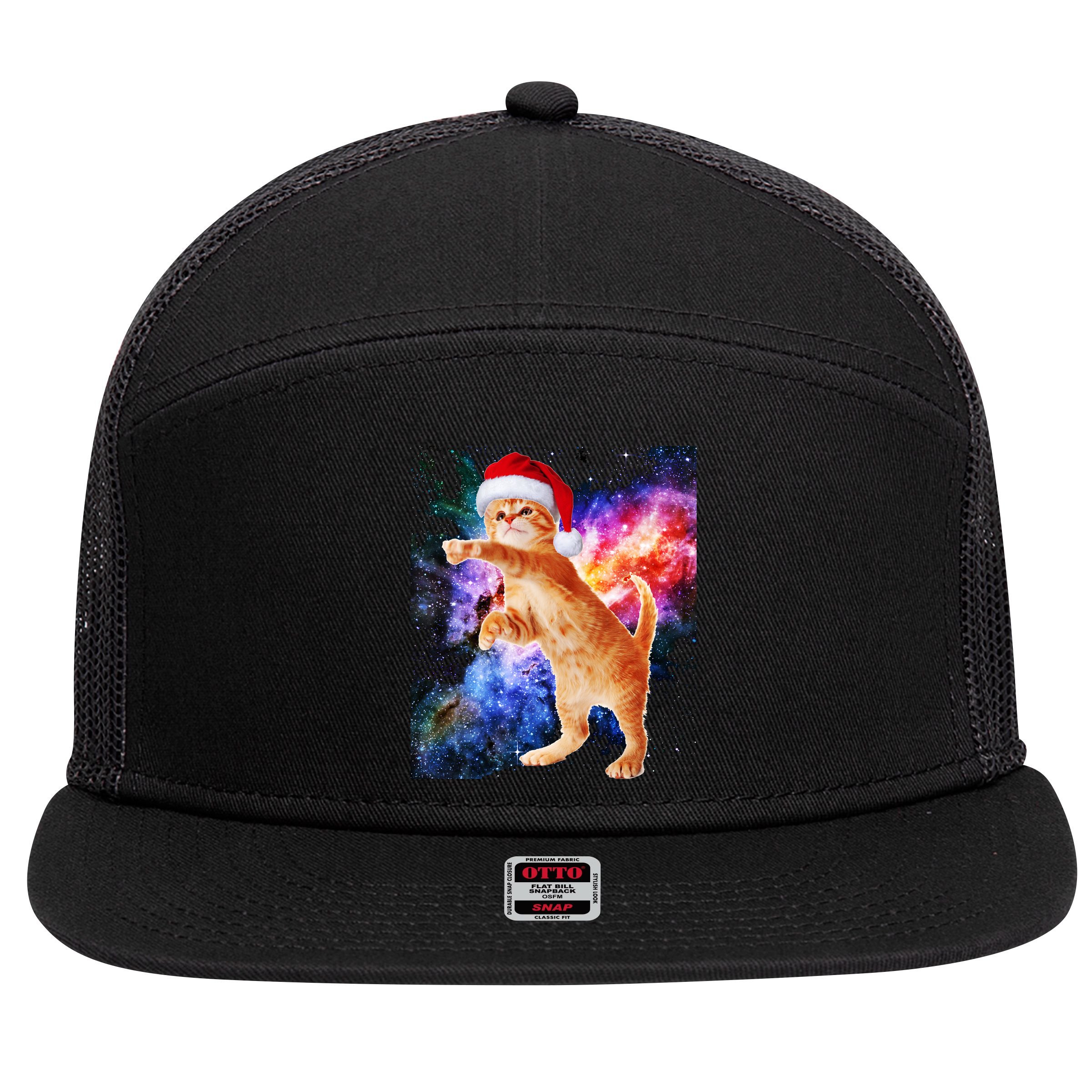 Space Christmas Cat Santa Kitty 7 Panel Mesh Trucker Snapback Hat
