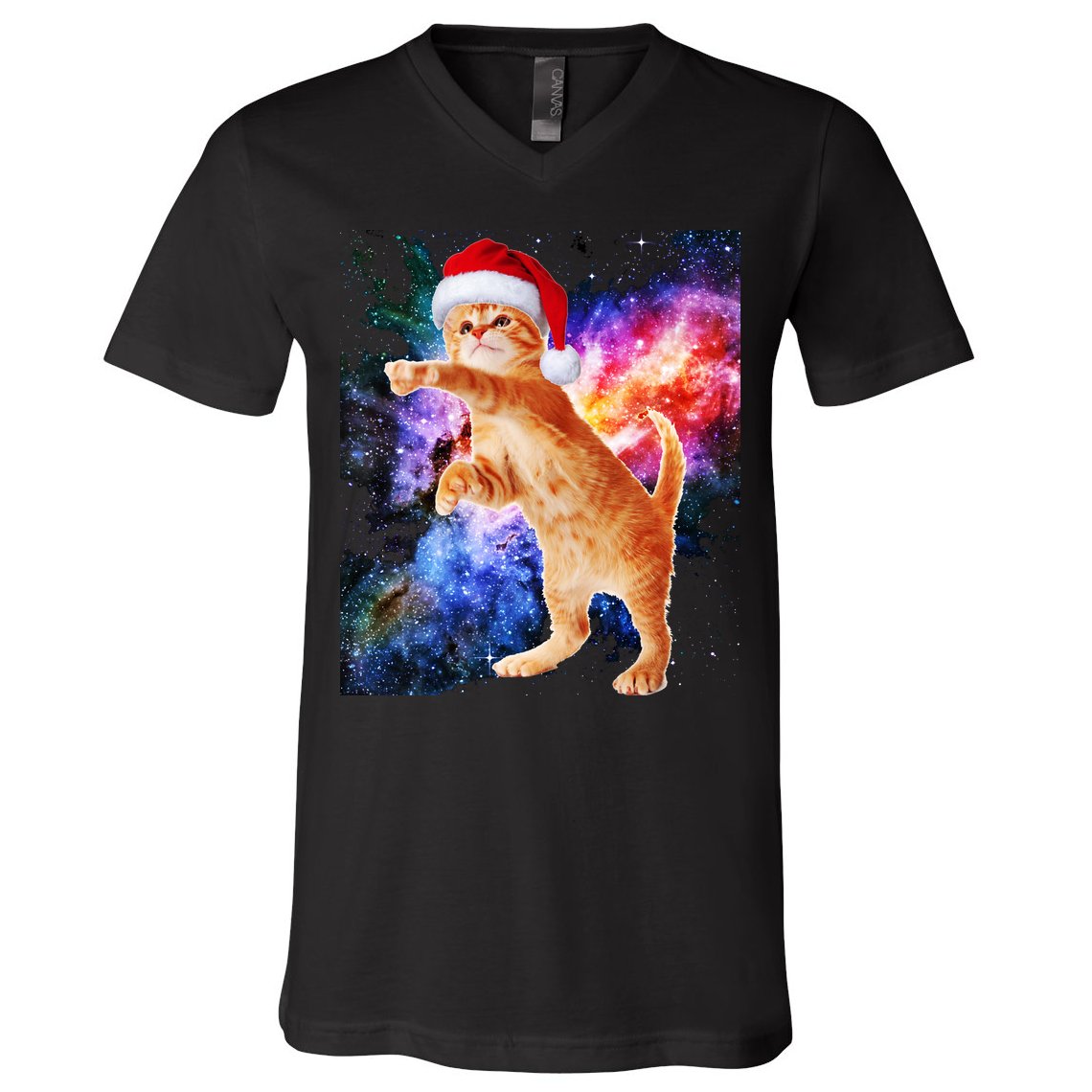 Space Christmas Cat Santa Kitty V-Neck T-Shirt