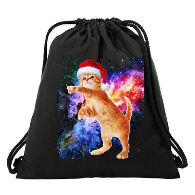 Space Christmas Cat Santa Kitty Drawstring Bag
