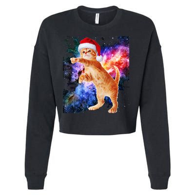 Space Christmas Cat Santa Kitty Cropped Pullover Crew