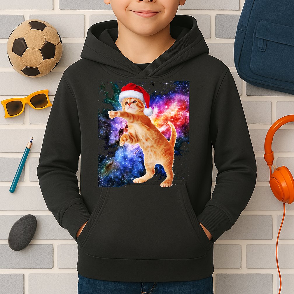 Space Christmas Cat Santa Kitty Kids Hoodie