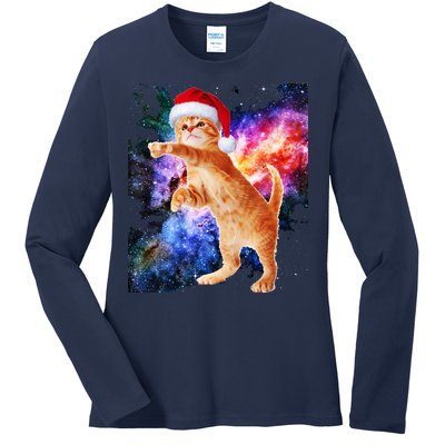 Space Christmas Cat Santa Kitty Ladies Long Sleeve Shirt