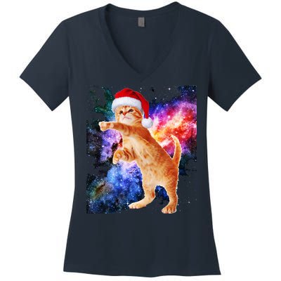 Space Christmas Cat Santa Kitty Women's V-Neck T-Shirt