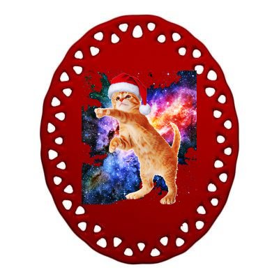 Space Christmas Cat Santa Kitty Ceramic Oval Ornament