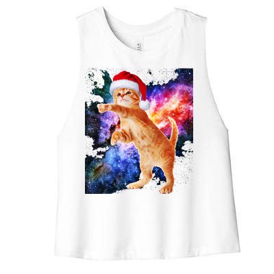 Space Christmas Cat Santa Kitty Women's Racerback Cropped Tank