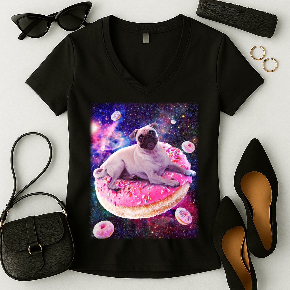 Space Donut Pug Women's V-Neck T-Shirt