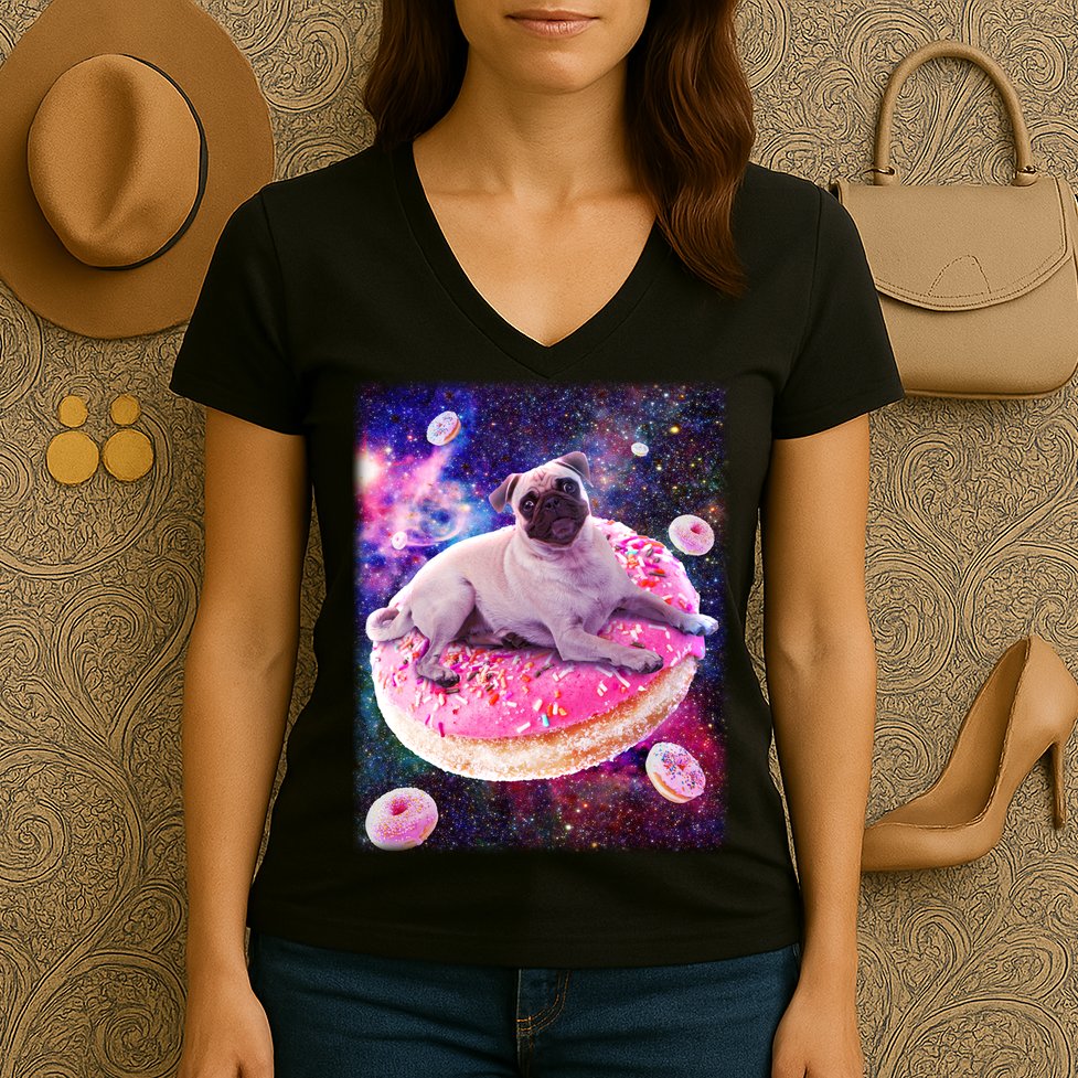 Space Donut Pug Women's V-Neck T-Shirt