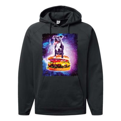 Space Galaxy Pitbull Riding Cheeseburger Performance Fleece Hoodie