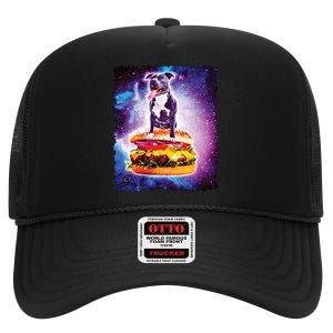 Space Galaxy Pitbull Riding Cheeseburger High Crown Mesh Back Trucker Hat