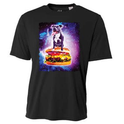 Space Galaxy Pitbull Riding Cheeseburger Cooling Performance Crew T-Shirt