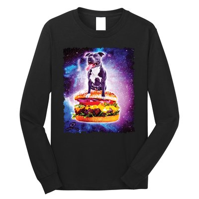 Space Galaxy Pitbull Riding Cheeseburger Long Sleeve Shirt