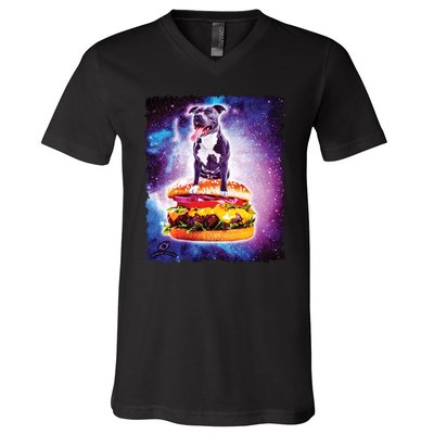 Space Galaxy Pitbull Riding Cheeseburger V-Neck T-Shirt