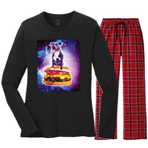 Space Galaxy Pitbull Riding Cheeseburger Women's Long Sleeve Flannel Pajama Set 