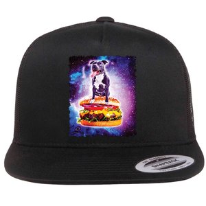 Space Galaxy Pitbull Riding Cheeseburger Flat Bill Trucker Hat