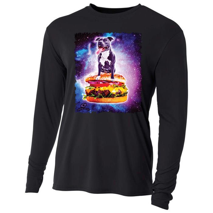 Space Galaxy Pitbull Riding Cheeseburger Cooling Performance Long Sleeve Crew