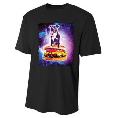 Space Galaxy Pitbull Riding Cheeseburger Performance Sprint T-Shirt