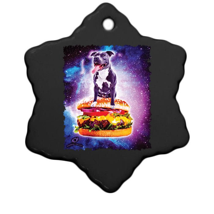 Space Galaxy Pitbull Riding Cheeseburger Ceramic Star Ornament