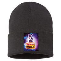 Space Galaxy Pitbull Riding Cheeseburger Sustainable Knit Beanie