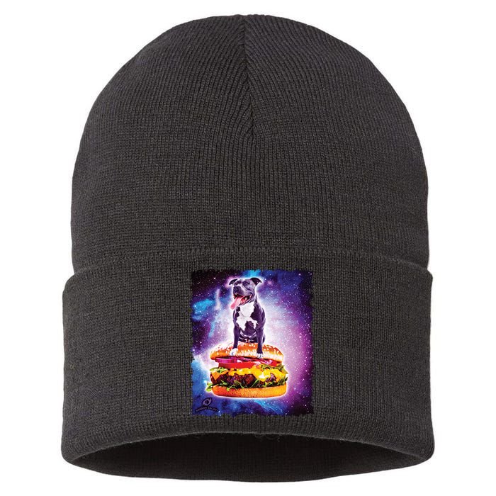 Space Galaxy Pitbull Riding Cheeseburger Sustainable Knit Beanie