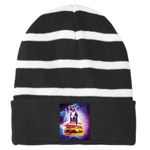 Space Galaxy Pitbull Riding Cheeseburger Striped Beanie with Solid Band