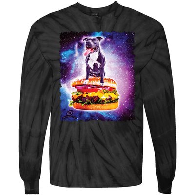 Space Galaxy Pitbull Riding Cheeseburger Tie-Dye Long Sleeve Shirt